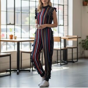 Vintage 80s Black Multi Color Striped Ruffle Jumpsuit Womens Large Mock Neck